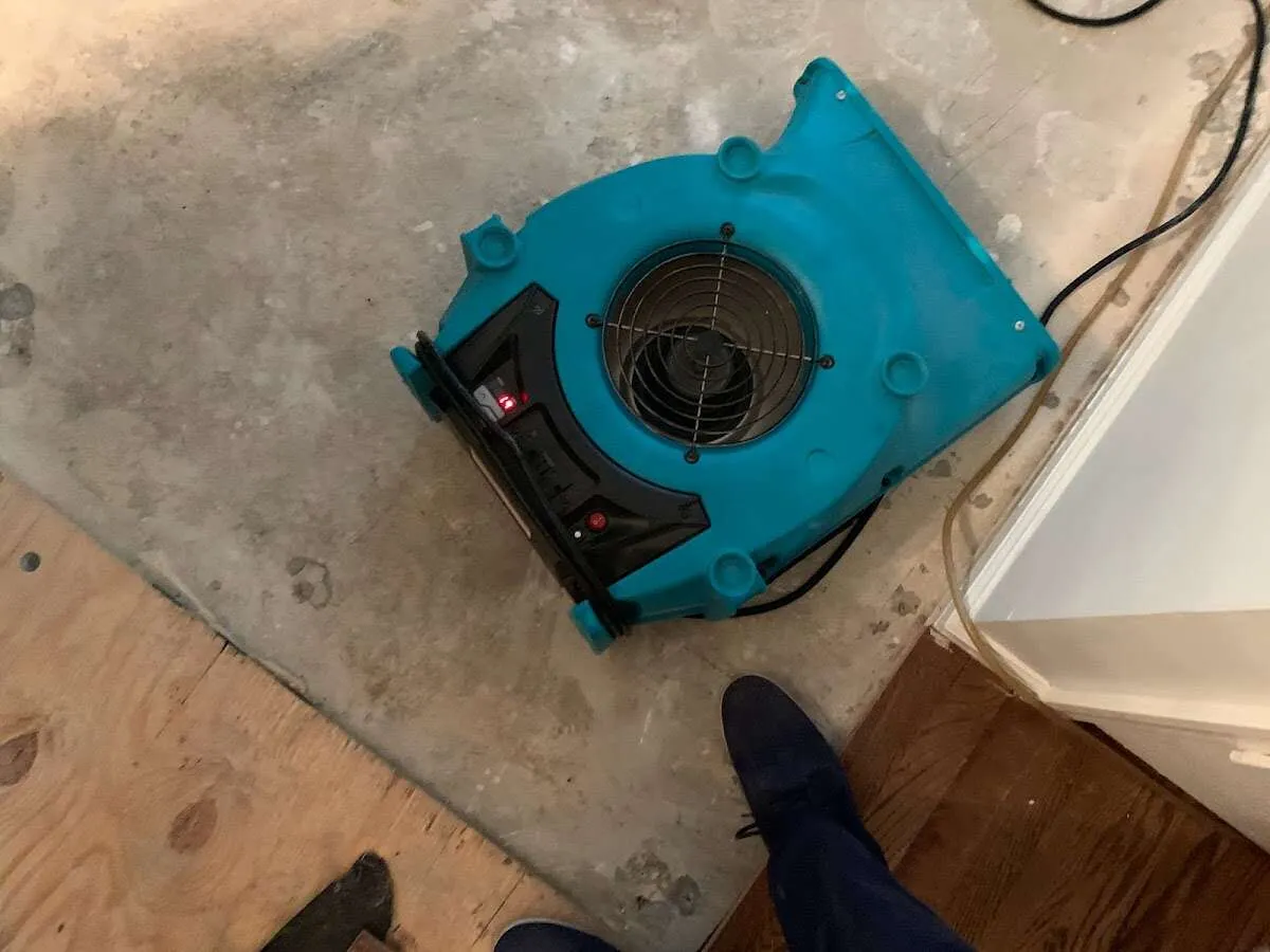 Air mover drying subfloor during Leak Detection & Repair in Hoboken